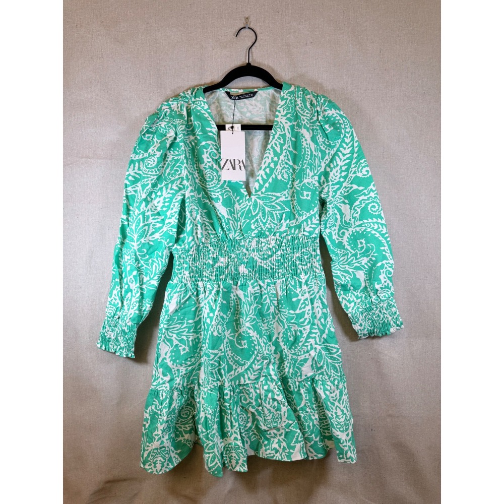 Zara Green White Paisley Linen Blend Smocked Mini Dress 7985/343 Large NWT